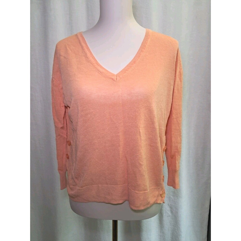 J. Crew Linen Viscose V-Neck Sweater Side Buttons Salmon Orange  Size XS
